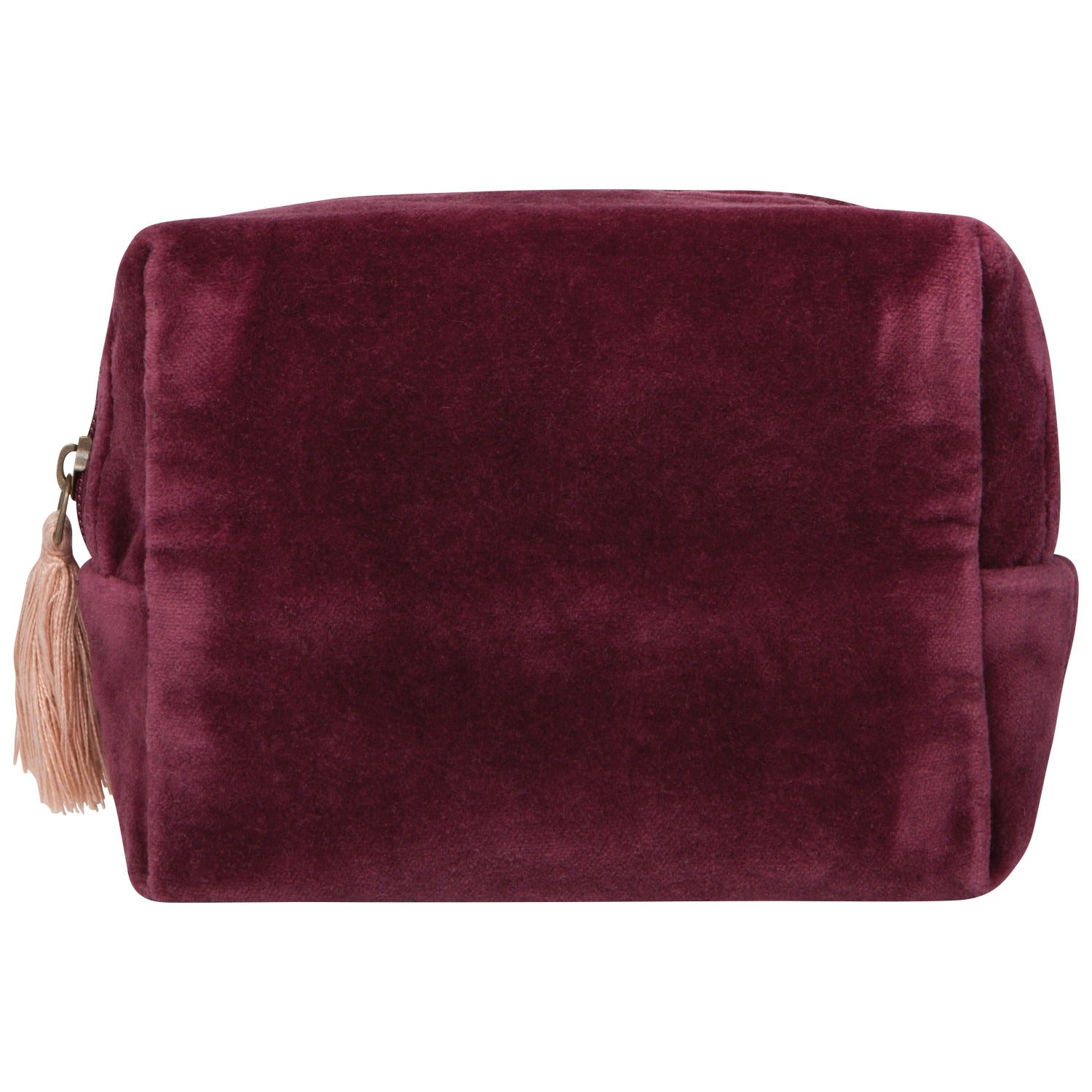 Maroon velvet pouch with a tassel on a white background