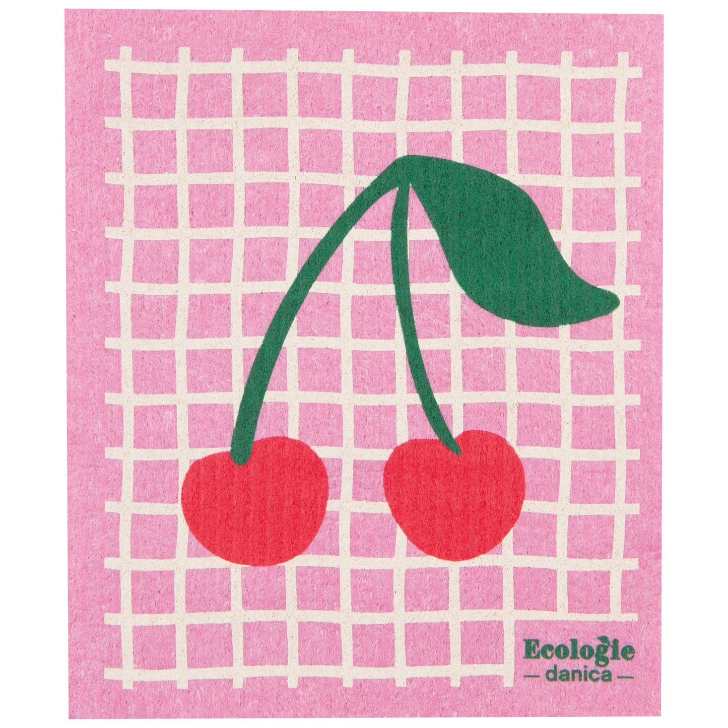 Pink dishcloth with cherry design and 'Ecologie danica' branding