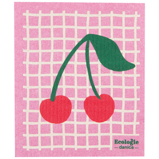 Pink dishcloth with cherry design and 'Ecologie danica' branding