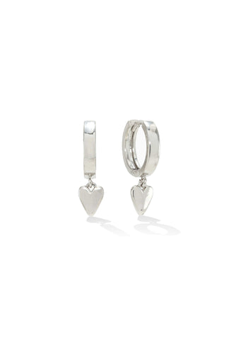 A pair of silver plated brass hoop earrings with heart-shaped charms, displayed on a card with 'LOVER'S TEMPO' branding.