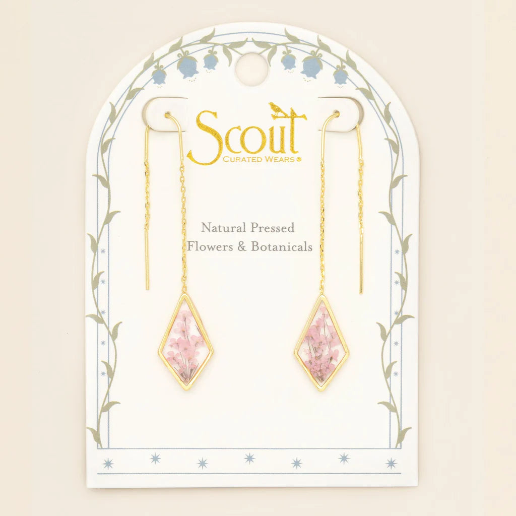 Jewelry card with pink floral earrings and 'Scout' branding on a beige background