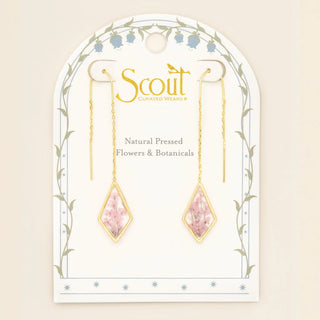 Jewelry card with pink floral earrings and 'Scout' branding on a beige background