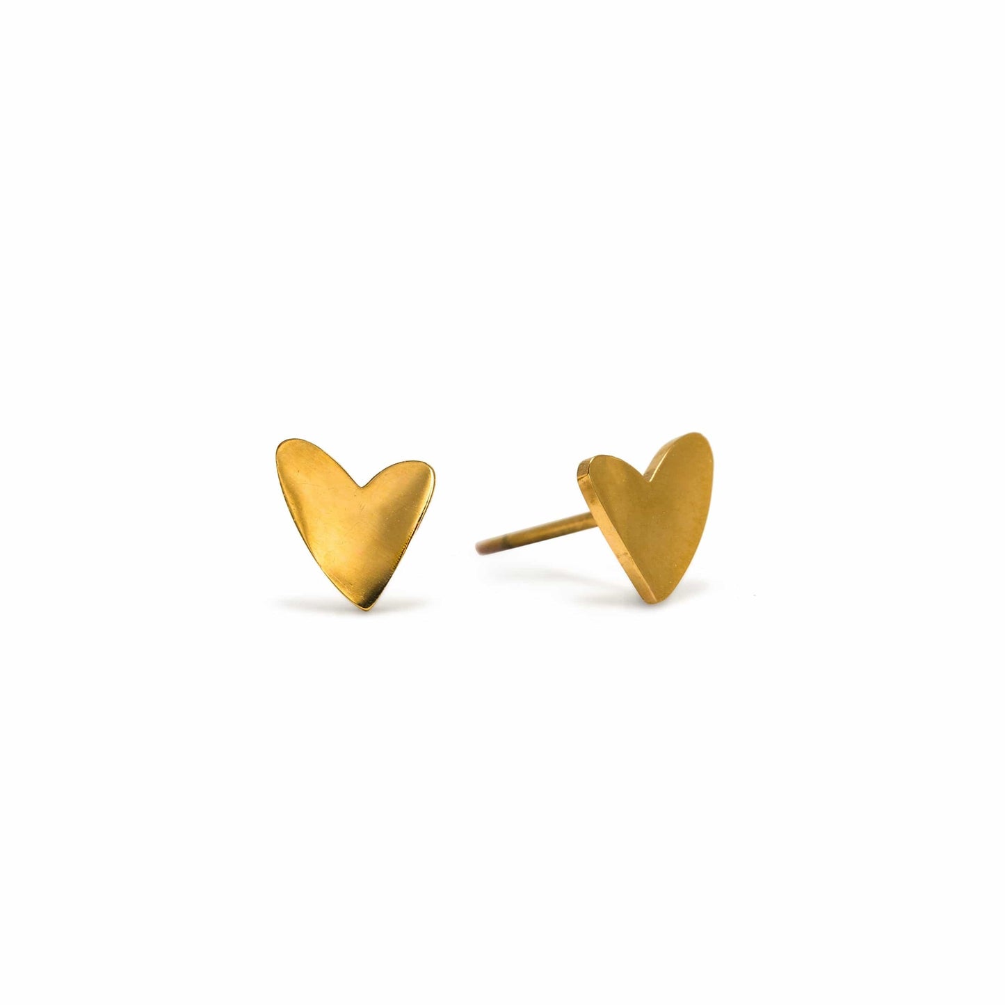 Gold heart-shaped stud earrings on a white background