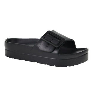 Black sandal with a buckle on a white background