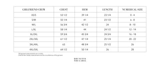Size chart for 'Girlfriend Crew' clothing by Brunette the Label