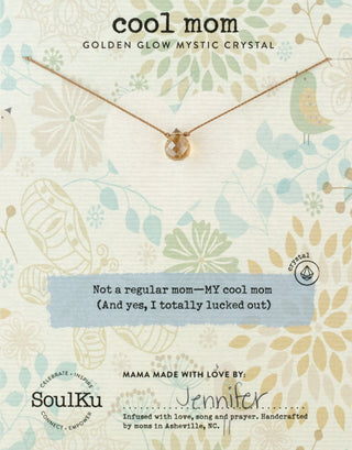 Necklace on a patterned card with 'cool mom' text and SoulKu branding