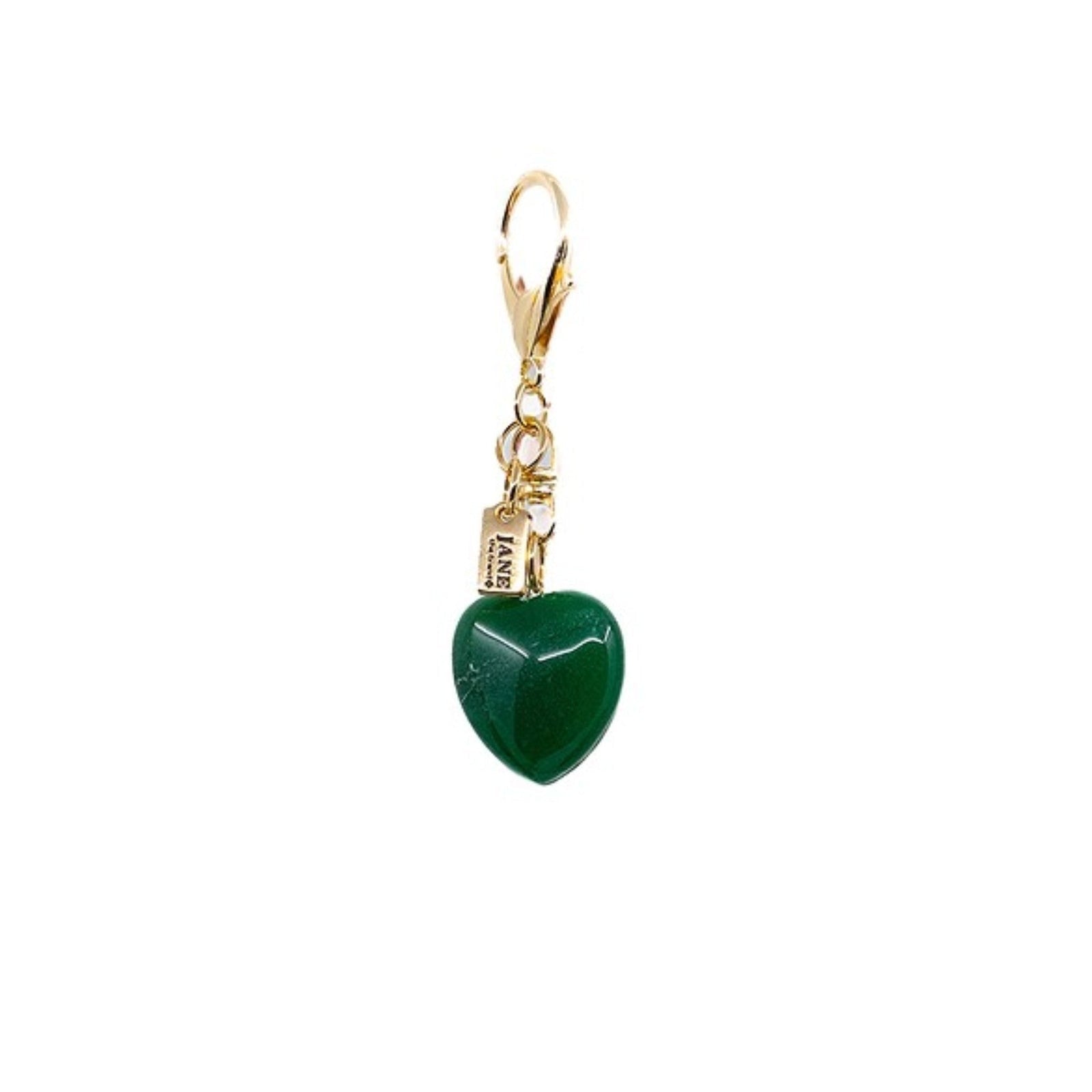 Green heart-shaped charm with gold clasp on a white background