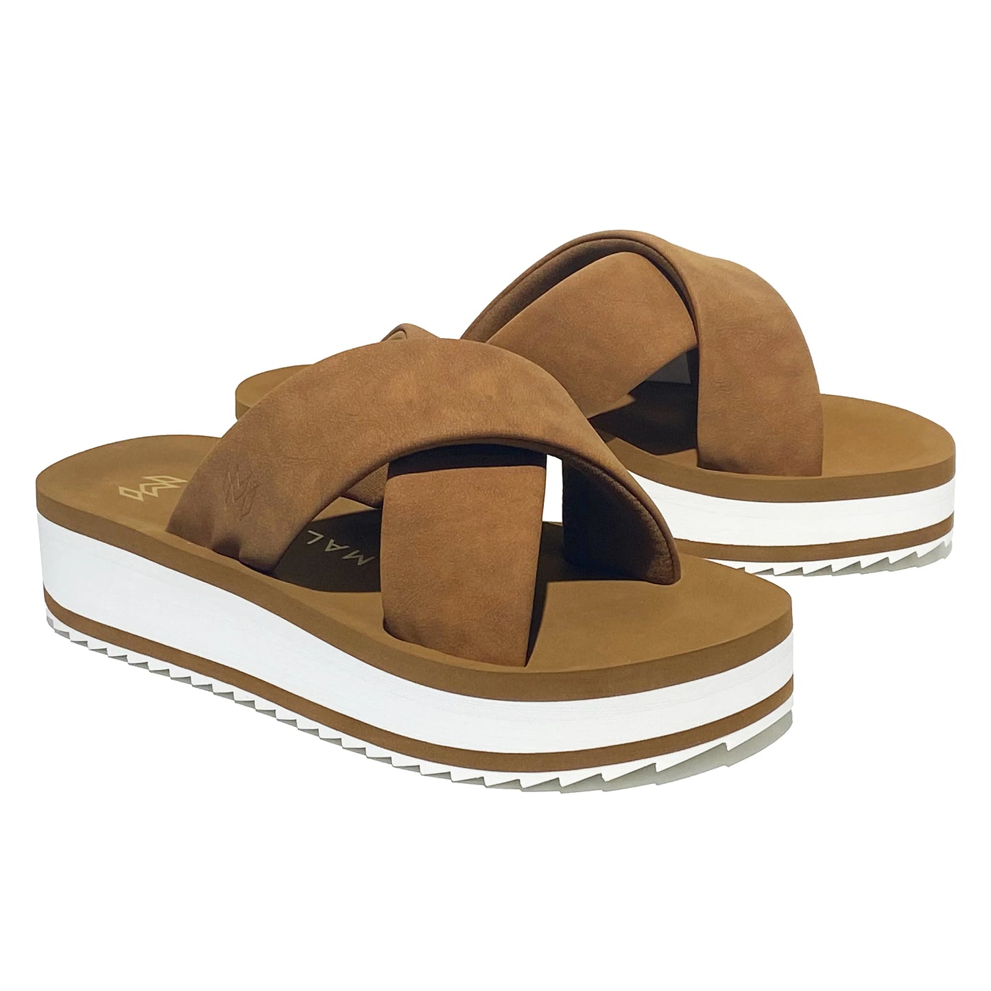 Brown sandals with white sole on a white background