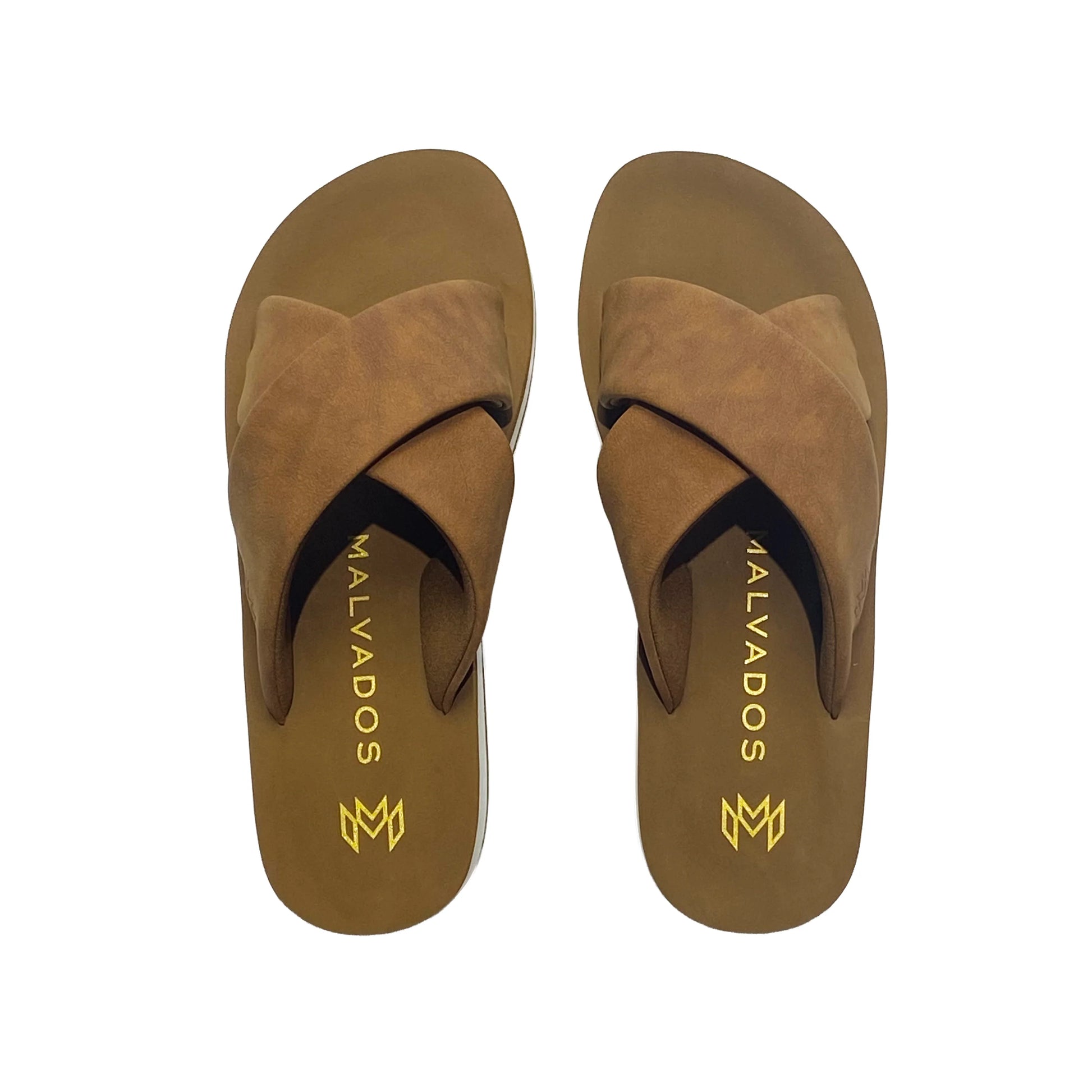 Pair of brown sandals with 'MALVADOS' branding on a white background