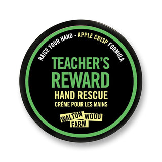 Round container labeled 'Teacher's Reward Hand Rescue' by Walton Wood Farm on a white background