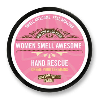 A round black-lidded jar of Walton Wood Farm Hand Rescue hand cream, featuring a pink label with white and yellow text.