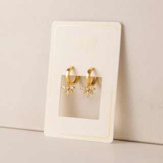 Gold hoop earrings on a branded card with a beige background