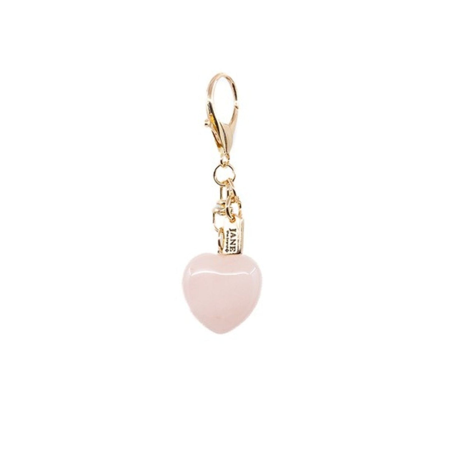Pink heart-shaped charm with gold clasp on a white background