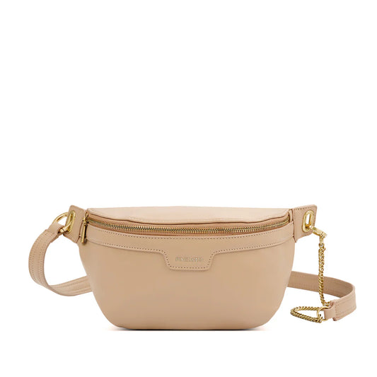 Beige fanny pack with a chain detail on a white background