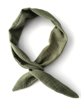 An olive green textured fabric scarf tied in a loop, displayed on a clean white background.