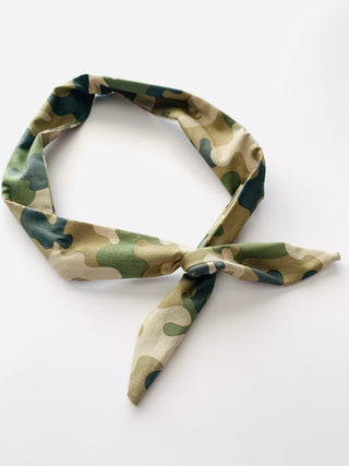 A camouflage print necktie scarf with a knot, displayed on a clean white background.