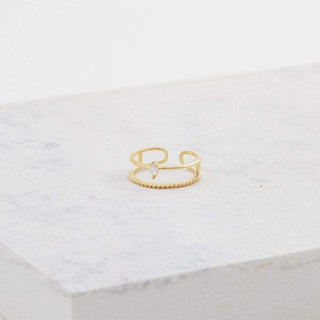 Gold ring with a small stone on a white surface