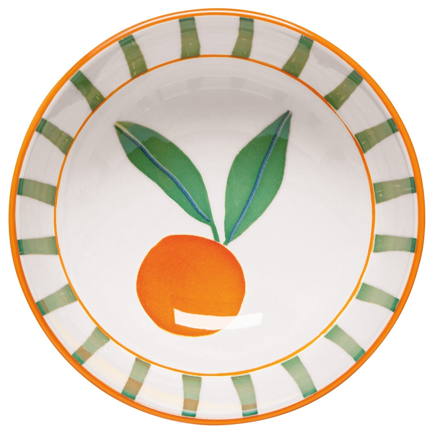 Ceramic plate with orange and leaf design on a white background