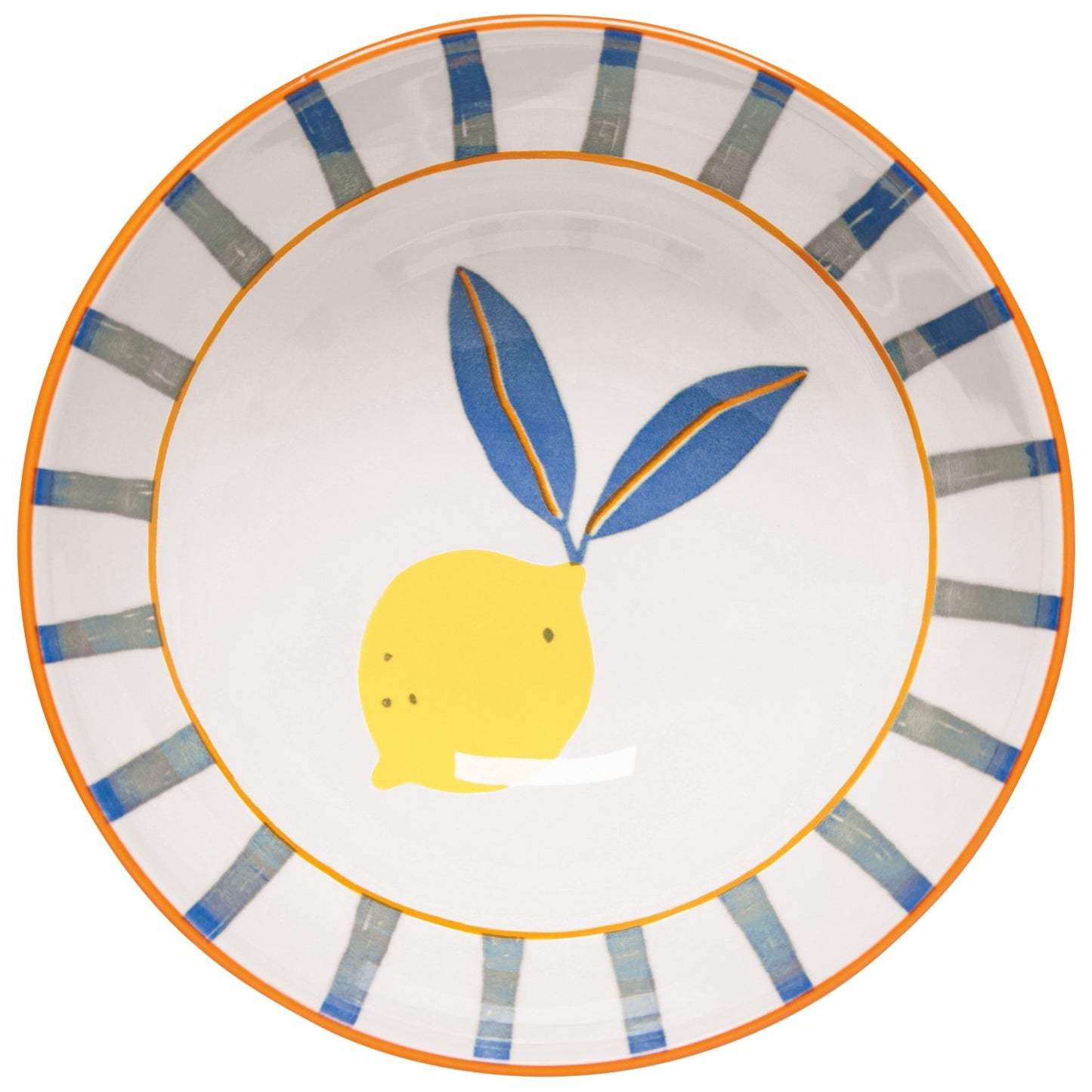Decorative plate with a lemon design and striped border on a white background