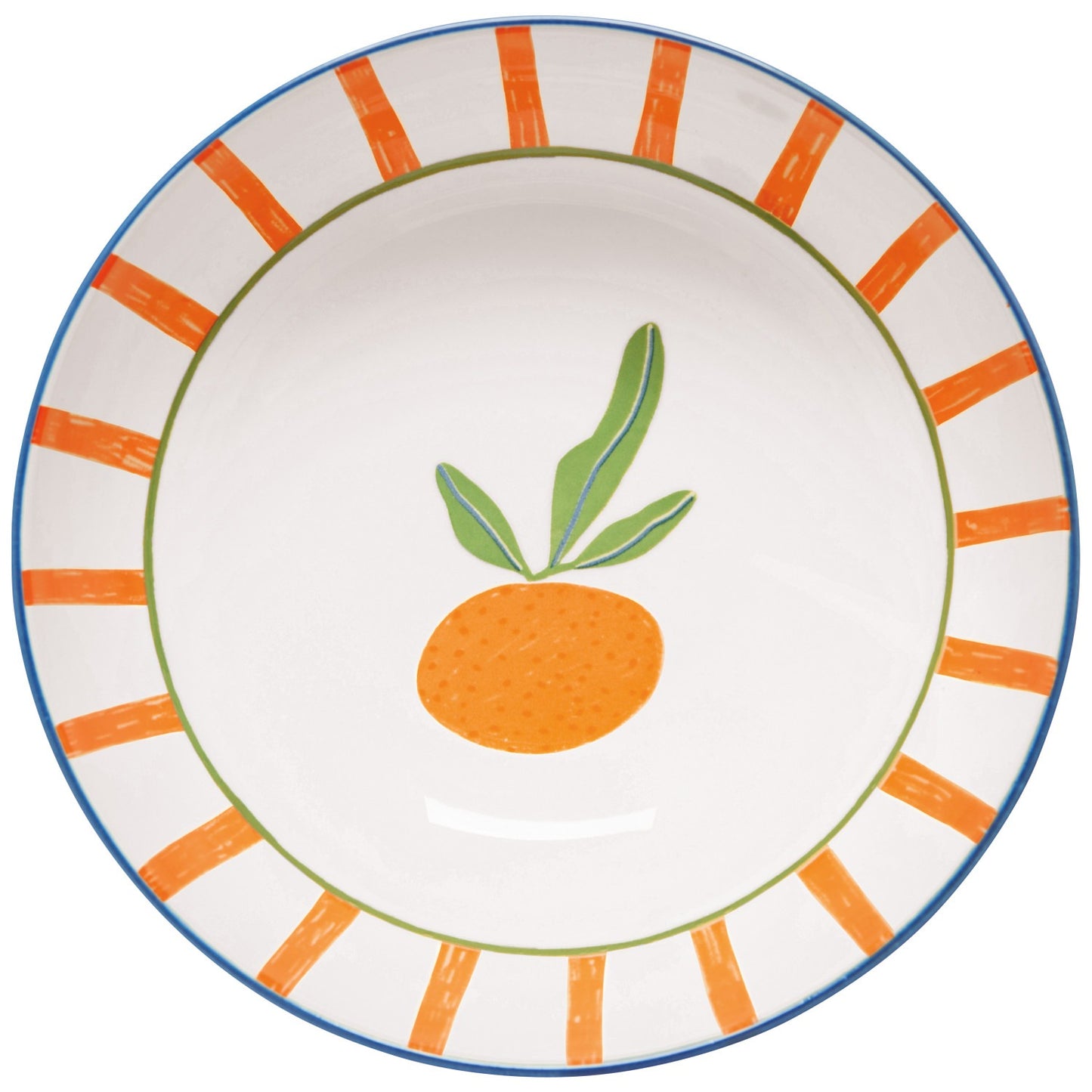 Ceramic plate with an orange design and striped border on a white background