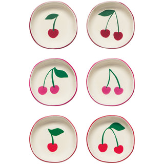 Set of six ceramic plates with cherry design on a white background