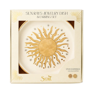 Scout Sun Rays jewelry dish and earring set packaging with gold sun design.