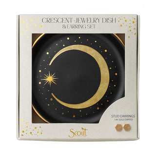 Boxed Crescent Jewelry Dish & Earring Set with gold crescent moon and star design on black background, brand 'Scout' visible.