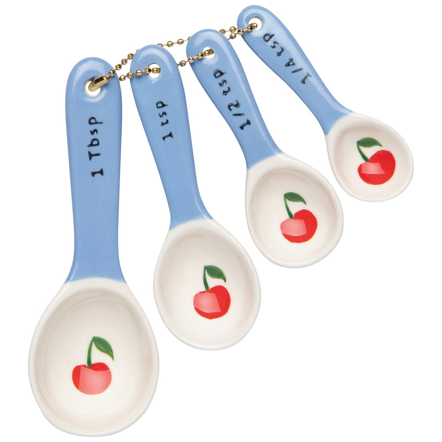 Set of four measuring spoons with cherry design on a white background