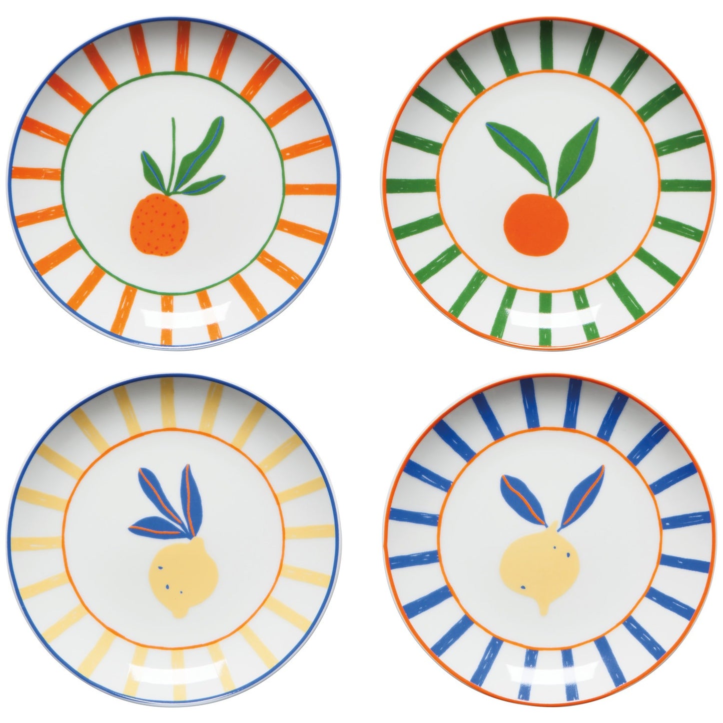 Four decorative plates with fruit illustrations on a white background