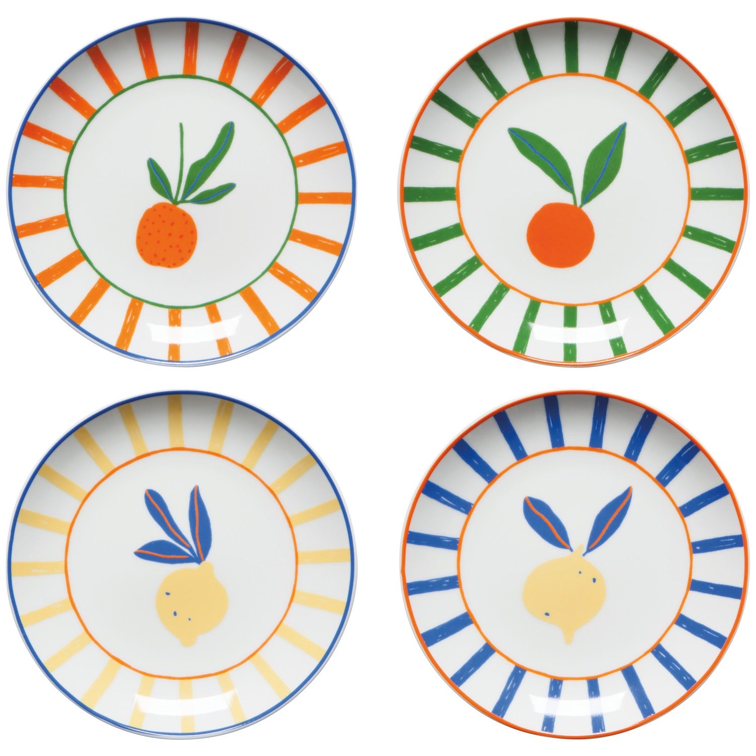 Four decorative plates with fruit illustrations on a white background