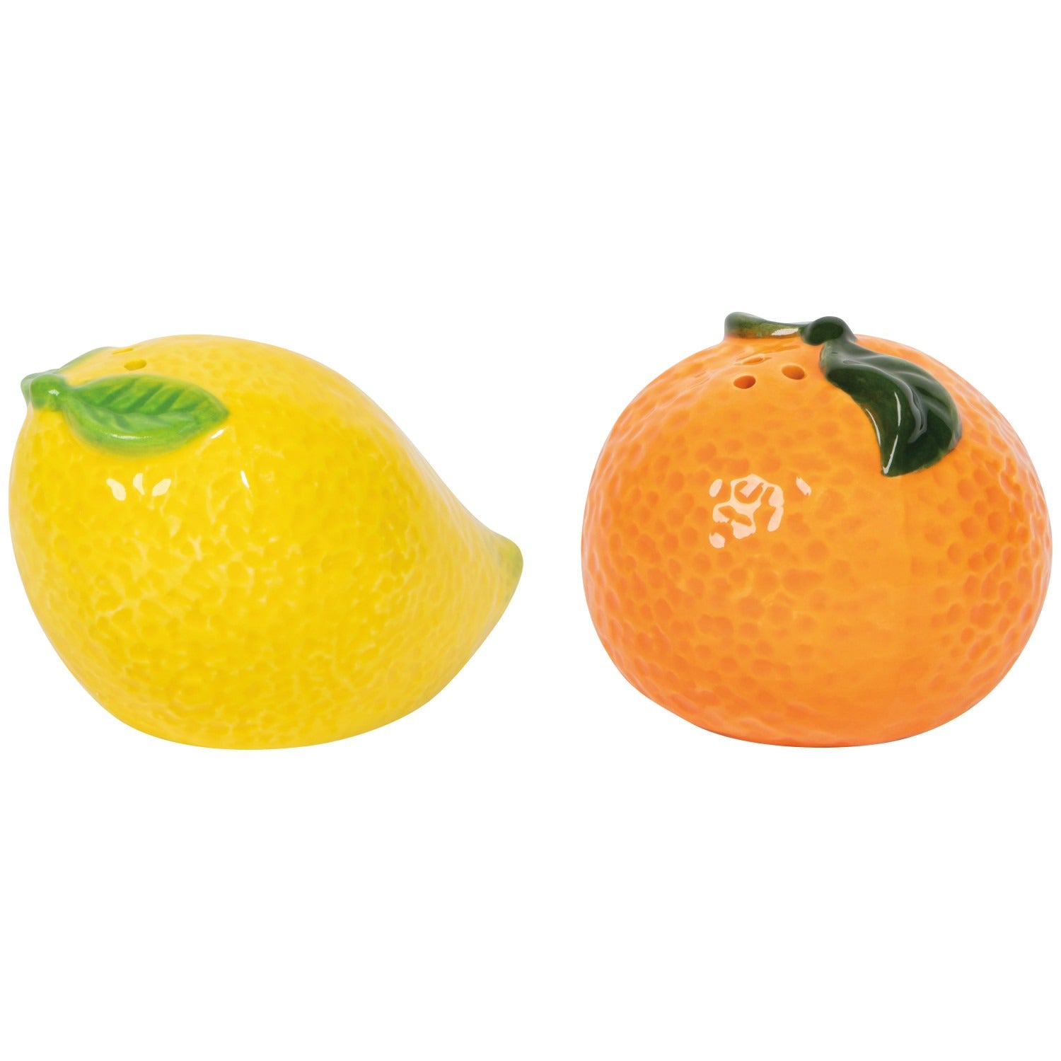 Yellow lemon and orange salt and pepper shakers on a white background