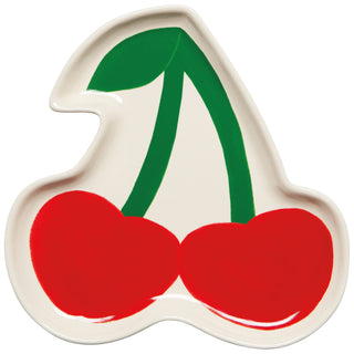 Cherry-shaped ceramic plate with red cherries and green stem on a white background