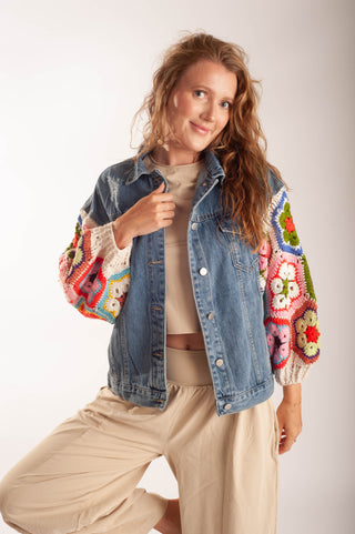 Women wearing a matching lounge set and a crochet  sleeve denim jacket.