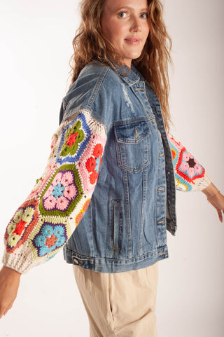 Women wearing a matching lounge set and a crochet  sleeve denim jacket.