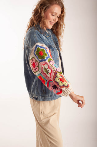 Women wearing a matching lounge set and a crochet  sleeve denim jacket.