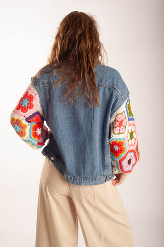 Women wearing a matching lounge set and a crochet  sleeve denim jacket.
