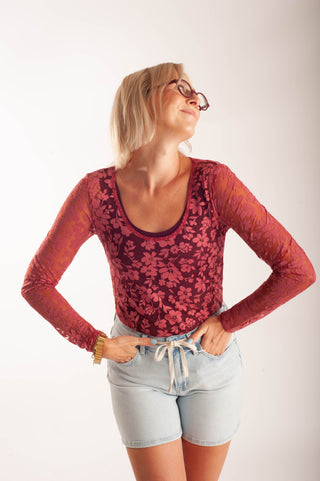 Women wearing a sheer floral lace top against a neutral background.