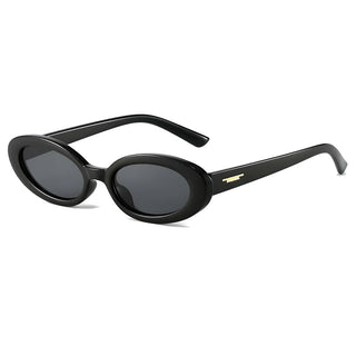 Black oval sunglasses with a gold logo on a white background
