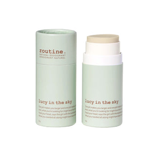 A stick deodorant with a light green label, titled 'Lucy In The Sky', from the brand routine with the lid off.