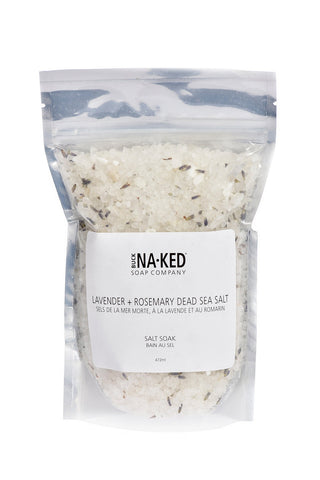 Dead Sea salt package with 'NA-KED Soap Company' label on a white background