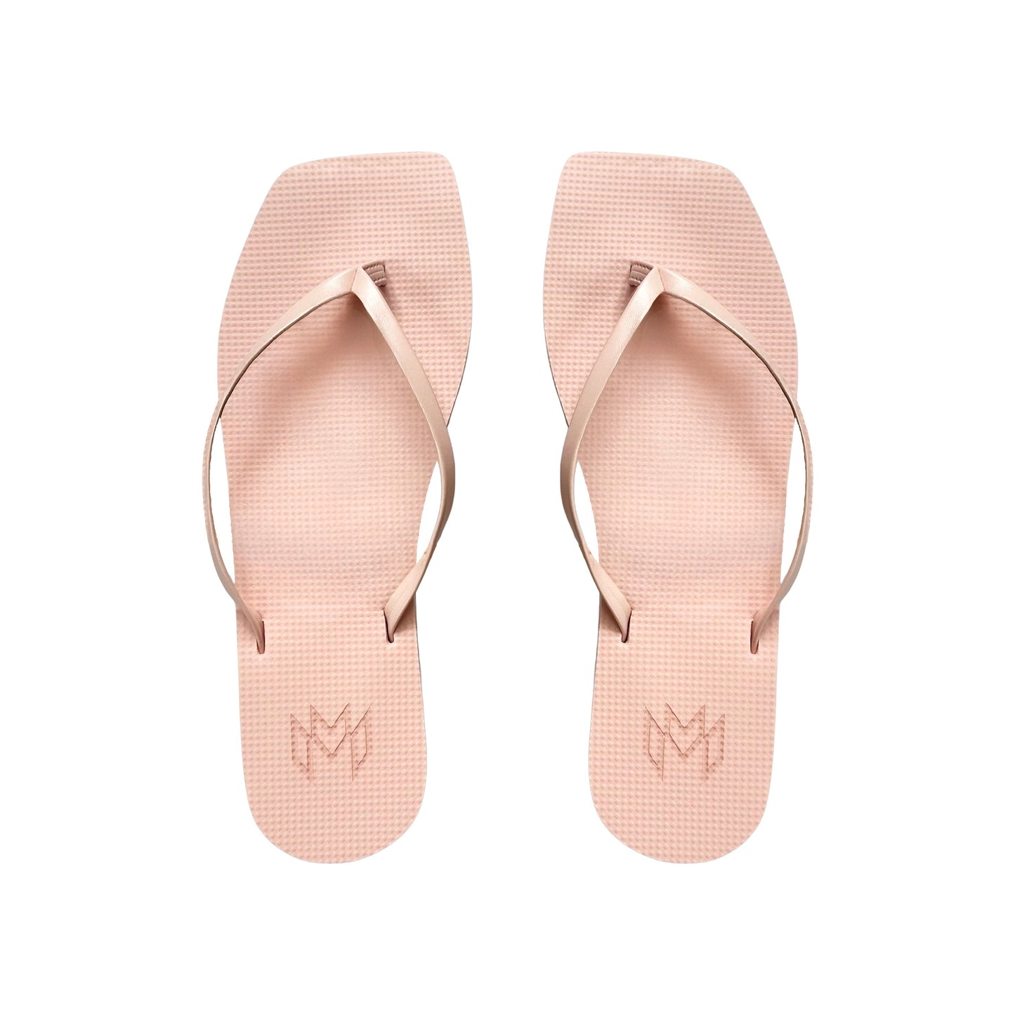 Pair of pink flip-flops with a brand logo on a white background