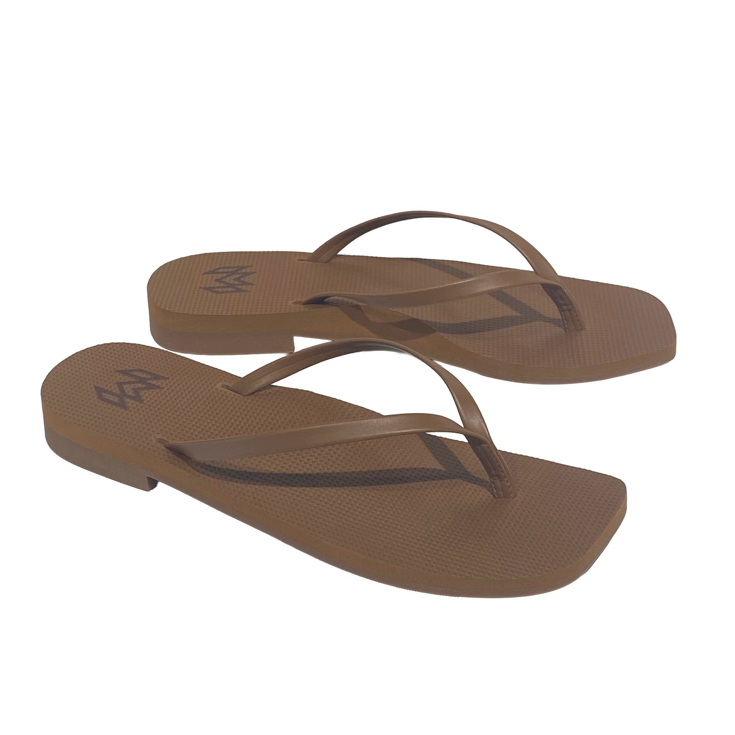 Brown flip-flops with a logo on a white background