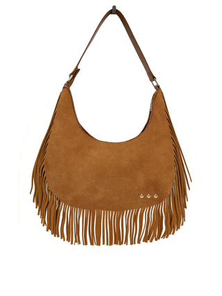 A brown fringe shoulder bag against neutral photo background