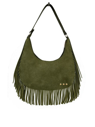 A olive fringe shoulder bag against neutral photo background