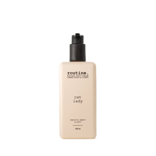 Body cream bottle labeled 'cat lady' on a white background