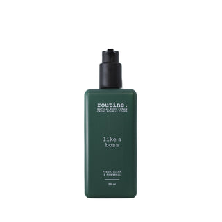 Green bottle of 'routine.' body cream with black pump on a white background