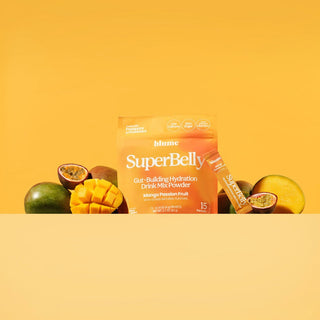 A packaged product labeled 'SuperBelly' with images of mango and passion fruit around it, presented on a yellow background.