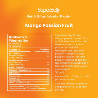back of packaging for mango passion fruit super belly