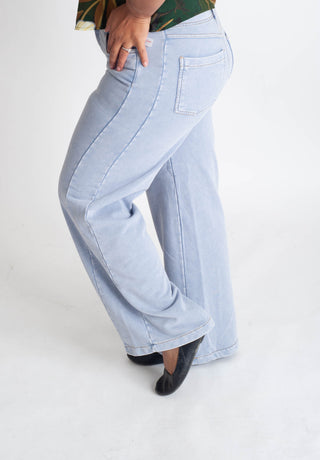 Light blue jeans worn by a person on a white background