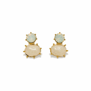 Pair of gold earrings with beige stones on a white background